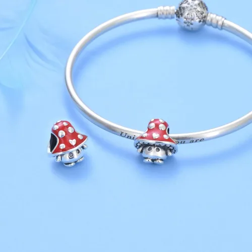 Miniatura 6 de Abalorio de plata esterlina S925 con forma de hongo para pulseras, tecnología esmaltada, colgante de pimienta roja, compatible con pulseras