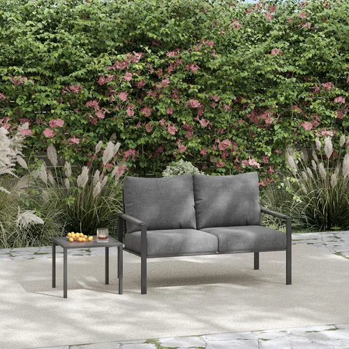 Miniatura 7 de Juego de 2 muebles de ratán para exteriores, sofá biplaza de patio para todo tipo de clima con cojines gris oscuro y mesa auxiliar para jardín