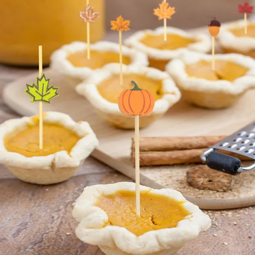 Miniatura 7 de 100 unidades de púas de cóctel de otoño de 12 cm, hojas, calabazas, bellotas, palillos de dientes decorativos elegantes de bambú, palillos