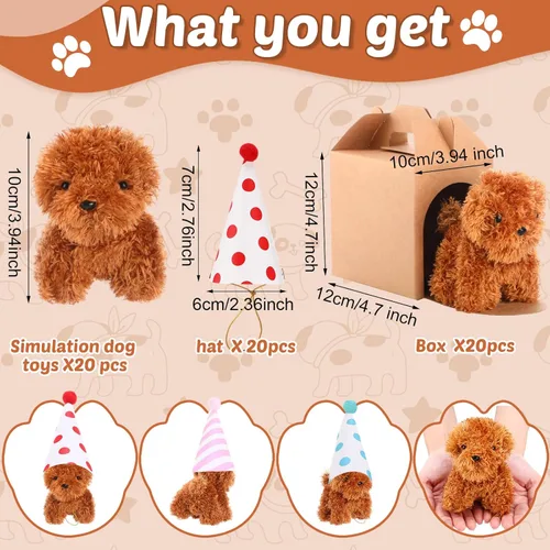 Miniatura 2 de Juego de 20 Mini Juguetes de Peluche Animales de Peluche Perros con Sombreros de Cumpleaños Cajas de Papel Kraft Cachorros de Peluche Pequeños