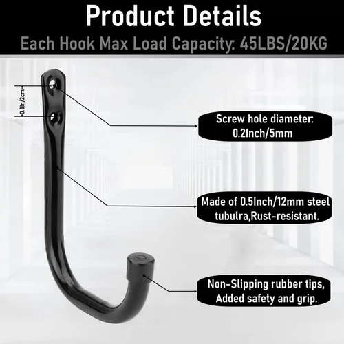 Miniatura 5 de 20 ganchos de almacenamiento de garaje resistentes, ganchos de pared en J de 4.1 pulgadas para colgar bicicletas, escaleras, cables, mangueras