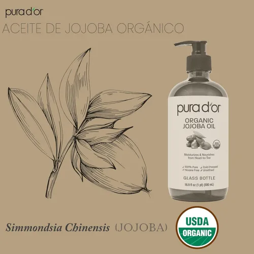 Miniatura 4 de PURA D'OR Aceite de jojoba orgánico de 16.9 onzas (botella de vidrio) certificado por USDA, hidratante 100% puro y natural, prensado en frío, sin