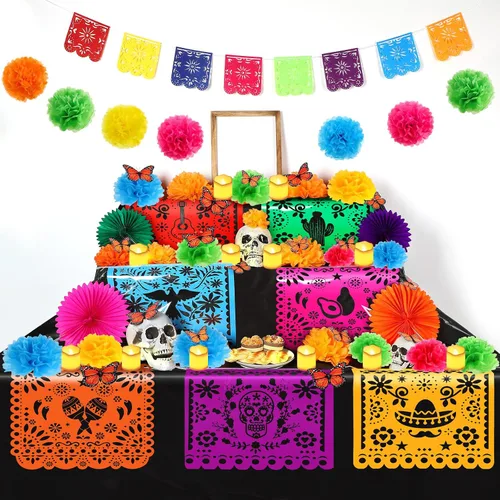 Miniatura 8 de Newwiee Juego de 82 velas LED de papel sin llama, abanico de flores de caléndula, diseño de mariposa monarca, papel picado, mantel desechable