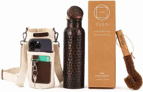 Miniatura 9 de Botella de agua de cobre puro 100% CLEO HOME para beber, botella de cobre ayurvédica martillada de 32 onzas para agua potable A prueba de fugas