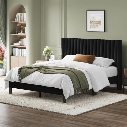 Miniatura 3 de Yaheetech - Base de cama tamaño queen con plataforma tapizada y cabecera de tela, diseño de borde ala, antideslizante y silenciosa, soporte de Negro