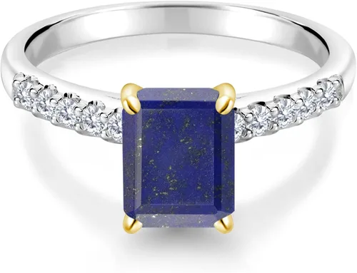 Miniatura 2 de Gem Stone King Anillo de compromiso de plata de ley 925 y oro amarillo de 10 quilates con corte esmeralda azul y lapislázuli blanco creado