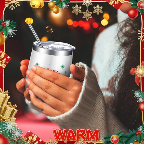 Miniatura 7 de Ziliny 6 Piezas Vasos de Vino de Navidad 12 oz Vasos de Vino Aislados de Acero Inoxidable de Navidad con Tapa y Pajita Divertidas Tazas de Café