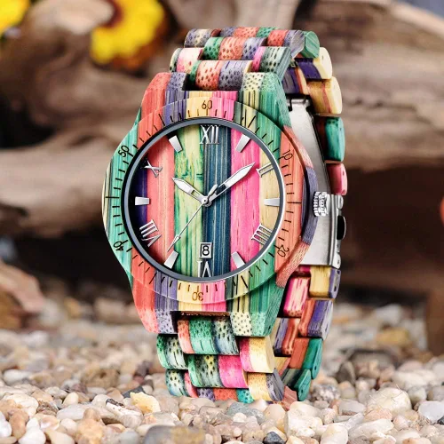 Miniatura 8 de Tiong Brand Wooden Watches Mens with Handmade Colorful Bamboo Wood Watch Analog Date Quartz Wooden Watch for Men