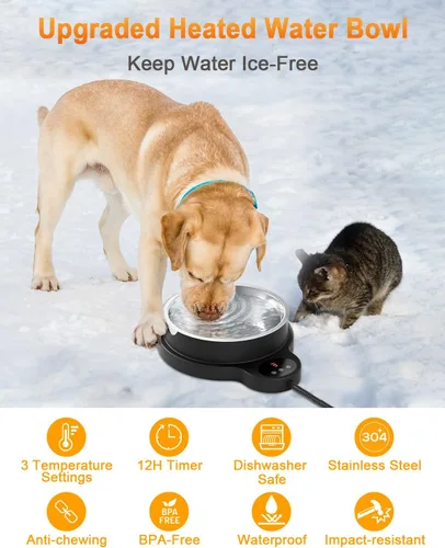 Miniatura 2 de Tazón de agua caliente para perros y gatos, 3 ajustes de temperatura y temporizador de 12H, tazón para mascotas con calefacción para exteriores