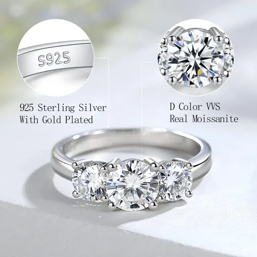 Miniatura 3 de YODEWA - Anillo de compromiso para mujer con 3 brillantes gemas de moissanita de corte redondo montadas en plata de ley