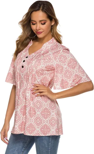 Miniatura 3 de HOCOSIT - Camiseta de manga corta con olanes y cuello en V con estampado de flores, plisada y abotonada, para mujer