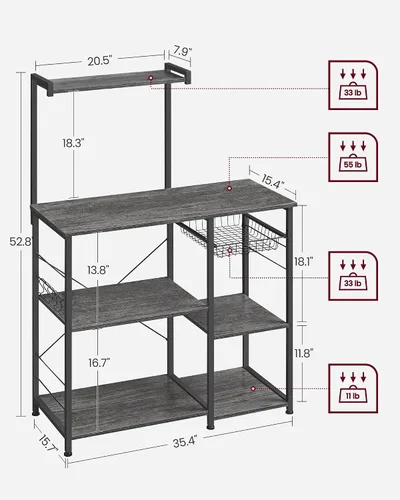 Miniatura 3 de VASAGLE Estante para panadero, soporte para microondas, estante de almacenamiento de cocina con cesta de alambre, 6 ganchos y estantes