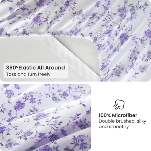 Miniatura 81 de Viviland Juego de sábanas de 3 piezas con estampado botánico de mariposas y flores rosas y moradas, sábanas de microfibra suave y transpirable