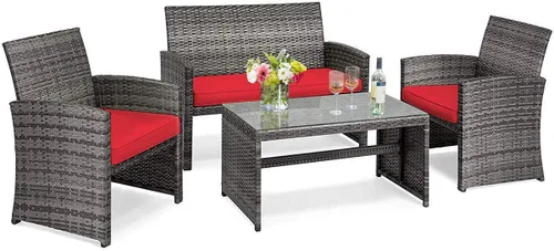 Miniatura 18 de Tangkula Juego de muebles de mimbre para patio de 4 piezas, juego de sofá y mesa Patiojoy con 4 asientos, juego de sofá de ratán al aire libre