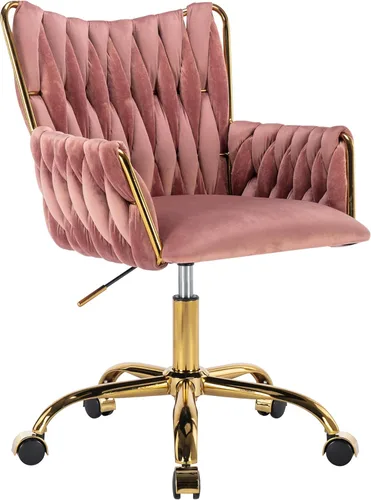 Miniatura 18 de Westice Silla de Escritorio de Terciopelo, Silla Cómoda Dorada para Oficina en Casa con Respaldo Tejido a Mano, Silla Giratoria de Altura Ajustable