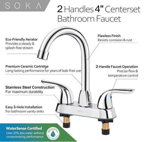 Miniatura 4 de SOKA Grifo de baño central de dos asas para fregadero de acero inoxidable de arco alto con placa de cubierta y montaje de drenaje desplegable