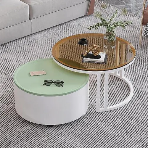 Miniatura 11 de Couchtisch Rund 2er Set, Kreativer Runder Couchtisch Aus Glas mit Metallrahmen, Mit Stauraum für Kleine Räume Wohnzimmer Schlafzimmer Balkone mit B