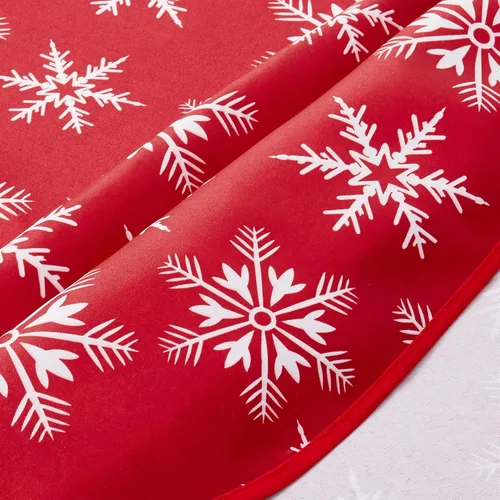 Miniatura 2 de Violet Linen Manteles rojos decorativos con diseño de copos de nieve navideños - 60" redondos