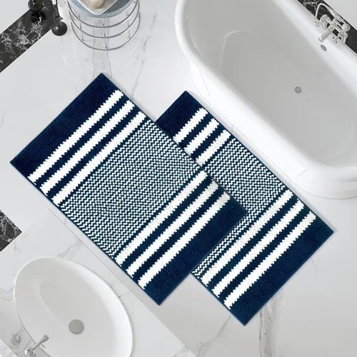 Miniatura 10 de Juego de alfombras de baño Tindbea 2 piezas, extra suave y absorbente, felpudo de baño de chenilla a rayas esponjosas, antideslizante, lavable a