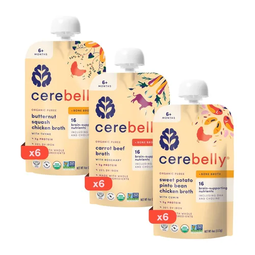 Cerebelly Bolsas de comida orgánica para bebés, variedad de caldo de huesos, sin azúcar añadida y sin OMG, 4 onzas, paquete de 18