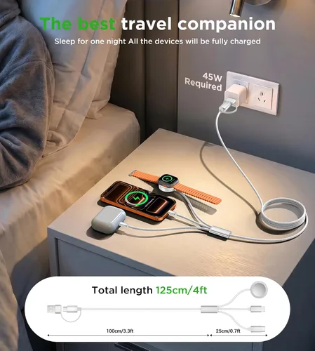 Miniatura 4 de Esenciales de viaje para cargador de Apple Watch, cargador de iPhone, cable de carga de viaje 3 en 2 tipo C/Lightning/magnético, cable de carga