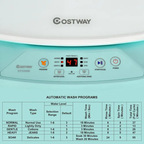 Miniatura 7 de COSTWAY - Lavadora portátil, capacidad de 8 libras, bomba de drenaje integrada, lavadora compacta con 6 programas, 6 niveles de agua, traba