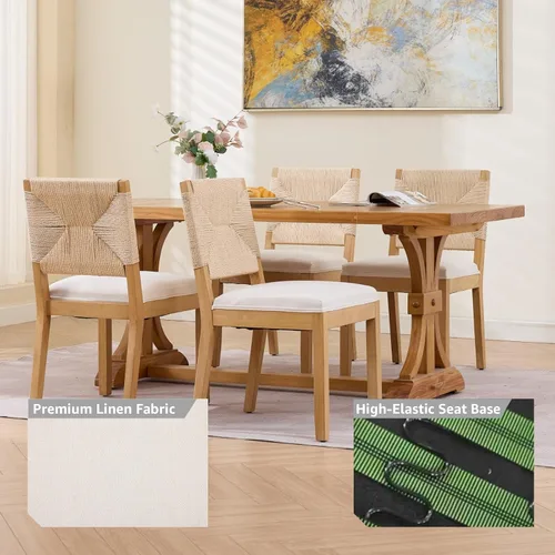 Miniatura 7 de Juego de 2 sillas de comedor de campo francés, sillas de comedor de madera de granja beige, silla de comedor con respaldo tejido con cojín tapizado