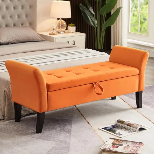 Miniatura 8 de NIOIIKIT Banco otomano tapizado de terciopelo de 51.5 pies con parte superior abatible, banco largo para dormitorio o sala de estar (beige)