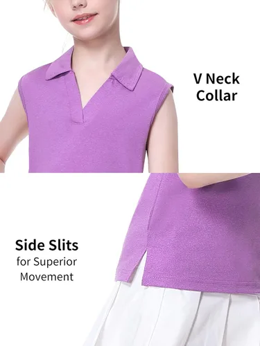 Miniatura 3 de EXARUS Camisetas polo de golf para niñas, sin mangas, cuello en V, tenis, atléticas, para ejercicio escolar de 5 a 12 años