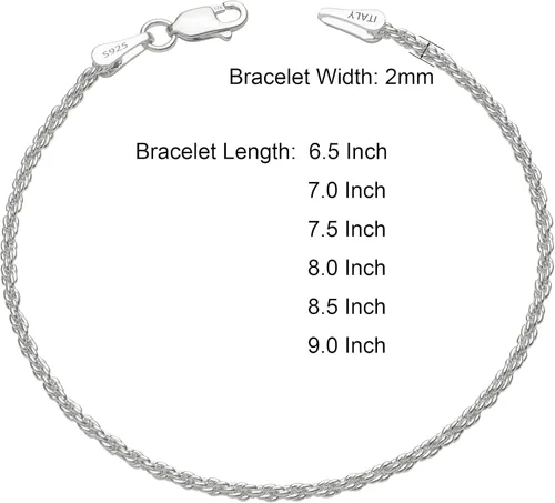 Miniatura 5 de nometo Pulsera de cadena de cuerda de plata de ley 925, pulsera de cadena de caja, pulsera de cadena de 2mm 3mm 5mm, pulsera chapada en plataoro