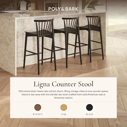 Miniatura 3 de Poly & BARK Ligna Taburete de mostrador en negro – Taburete inspirado en mediados de siglo con respaldo de husillo esculpido – Marco de roble