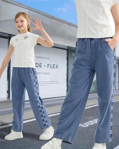 Miniatura 7 de Rolanko Pantalones vaqueros para niñas, cintura elástica, pierna ancha, pantalones holgados para niños, ropa para niños de 4 a 14 años