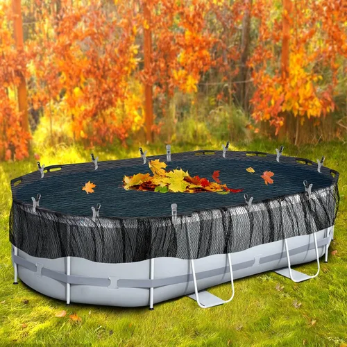 Miniatura 7 de Adnee Cubierta ovalada de red de hojas de piscina de 33 x 18 pies, cubierta de red de malla para piscina con 12 clips de metal, manta de red