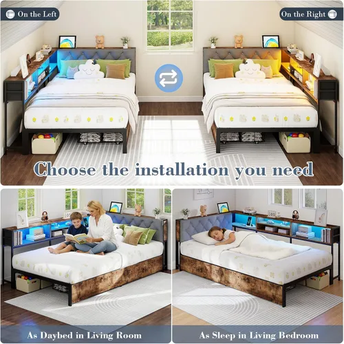 Miniatura 7 de Doltoro Marco de Cama de Esquina Individual con Estantería de Almacenamiento y Luces LED, Cama Diván Tamaño Individual con 2 Cajones de Gris