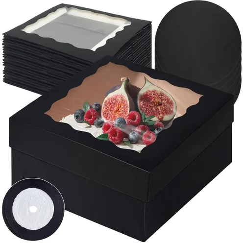 Miniatura 9 de qiqee 10x10x5 Caja para pasteles, 18 juegos de cajas para pasteles negras con ventana y 18 juegos de bases redondas negras de 10 pulgadas