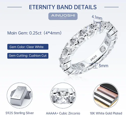 Miniatura 3 de Ainuoshi - Anillo de eternidad, anillo de plata de ley 925 para mujer, esmeralda, ovalada, radiante, redondo, corte cojín, de circonia cúbica