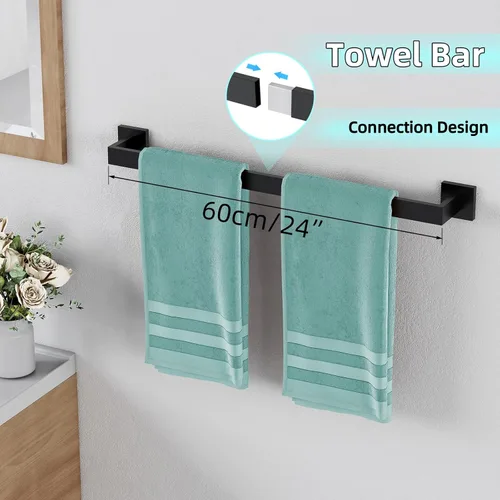 Miniatura 2 de Juego de accesorios de baño de 5 piezas, color negro mate, toalleros de acero inoxidable de 24 pulgadas para baño, juego de toallero, anillo