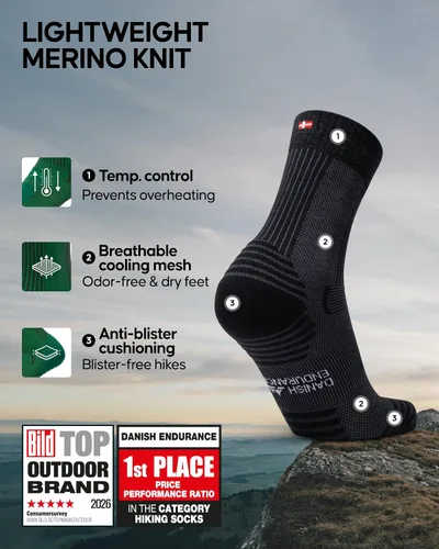 Miniatura 2 de DANISH ENDURANCE Calcetines de senderismo, ligeros, calcetines de lana merino para hombres y mujeres, absorben la humedad y térmicos, paquete de 3