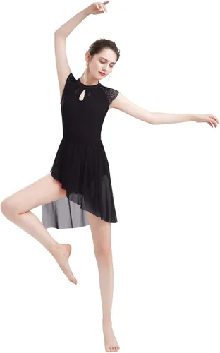 Miniatura 5 de ODASDO Elegante vestido de baile lírico para mujer, manga casquillo de encaje, falda de tul asimétrica, leotardo, disfraz contemporáneo, XS-XL