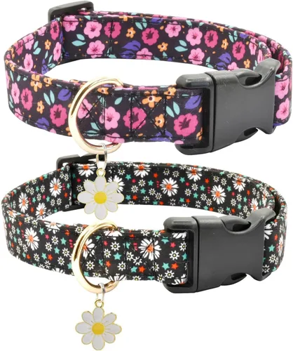 Miniatura 13 de 2 collares de algodón para perro, suaves y lindas flores, 3 tamaños, collar de nailon suave ajustable para hembras, perros pequeños, medianos