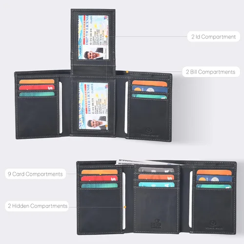 Miniatura 2 de VALENCHI Cartera de piel auténtica para hombre, con bloqueo RFID, delgada, con solapa media, 9 tarjetas, 2 ventanas de identificación + 2