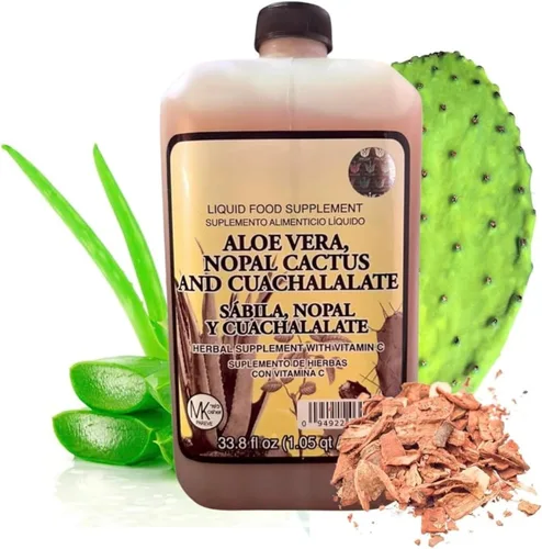 Suplemento herbario de aloe vera, cactus nopal y cuachalalato – 33.8 onzas líquidas (1.05 cuartos de galón) – con vitamina C para apoyo digestivo e