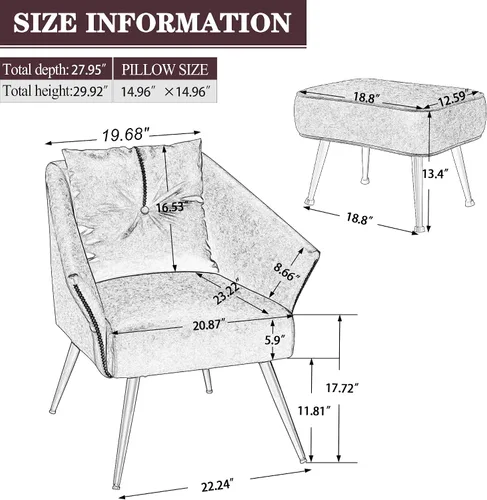 Miniatura 2 de Alunaune Silla decorativa moderna color marrón con otomana, silla individual tapizada de piel sintética para sala de estar, cómoda de mediados