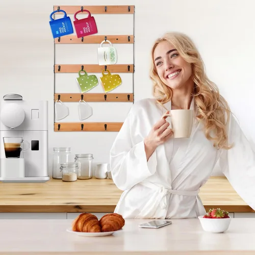 Miniatura 2 de Soporte para taza de café montado en la pared, estante grande de 5 niveles con 20 ganchos para tazas, estante de exhibición de madera rústica