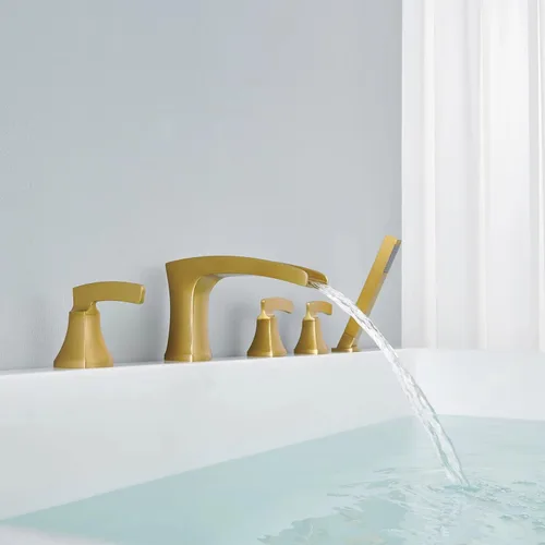 Miniatura 3 de Grifo de bañera romana, relleno de bañera de cascada de oro cepillado, grifos de baño de latón de 5 agujeros con ducha de mano