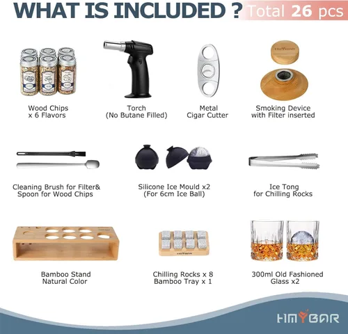 Miniatura 2 de HMYBAR® Kit de ahumador de whisky de 26 piezas con antorcha Kit de infusor de ahumador de cócteles Kit de ahumador de bebida estilo antiguo