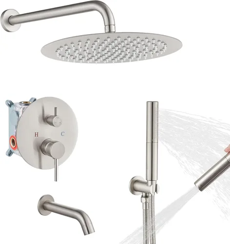 Miniatura 10 de Airuida Sistema de ducha con boquilla de bañera, cabezal de ducha redondo de 10 pulgadas con 2 funciones, ducha de mano, montaje en pared, juego