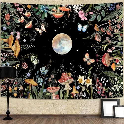 AMM Tapiz de jardín con luna iluminada por la luna, plantas verdes botánicas, hongos, flores, tapiz para colgar en la pared, color negro,