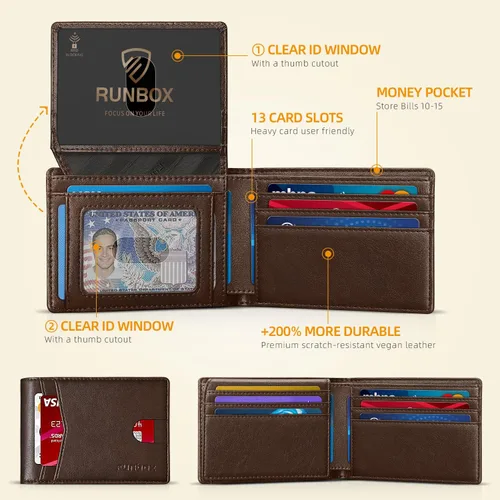 Miniatura 2 de RUNBOX - Carteras delgadas de cuero para hombres, tecnología contra interferencia de radiofrecuencia (RFID), 2 ventanas de identificación, con caja