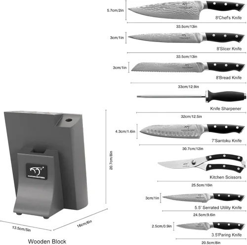 Miniatura 2 de NANFANG BROTHERS Juego de cuchillos de cocina de Damasco con bloque, 9 piezas, mango ergonómico ABS, afilador de cuchillos, tijeras de cocina Negro